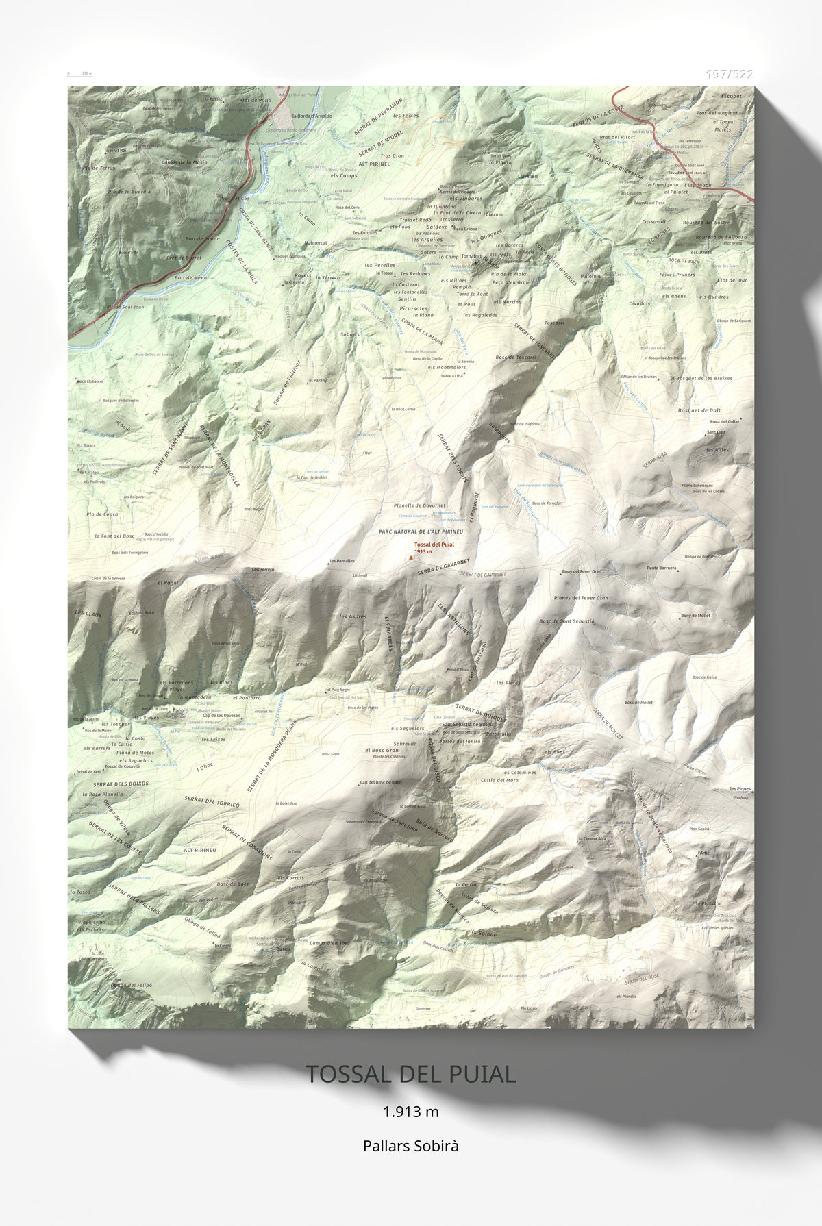 Mapa de relieve de Tossal del Puial, 1913 m, Pallars Sobirà, lámina 100 Cims de Trobart 61 × 91 cm.