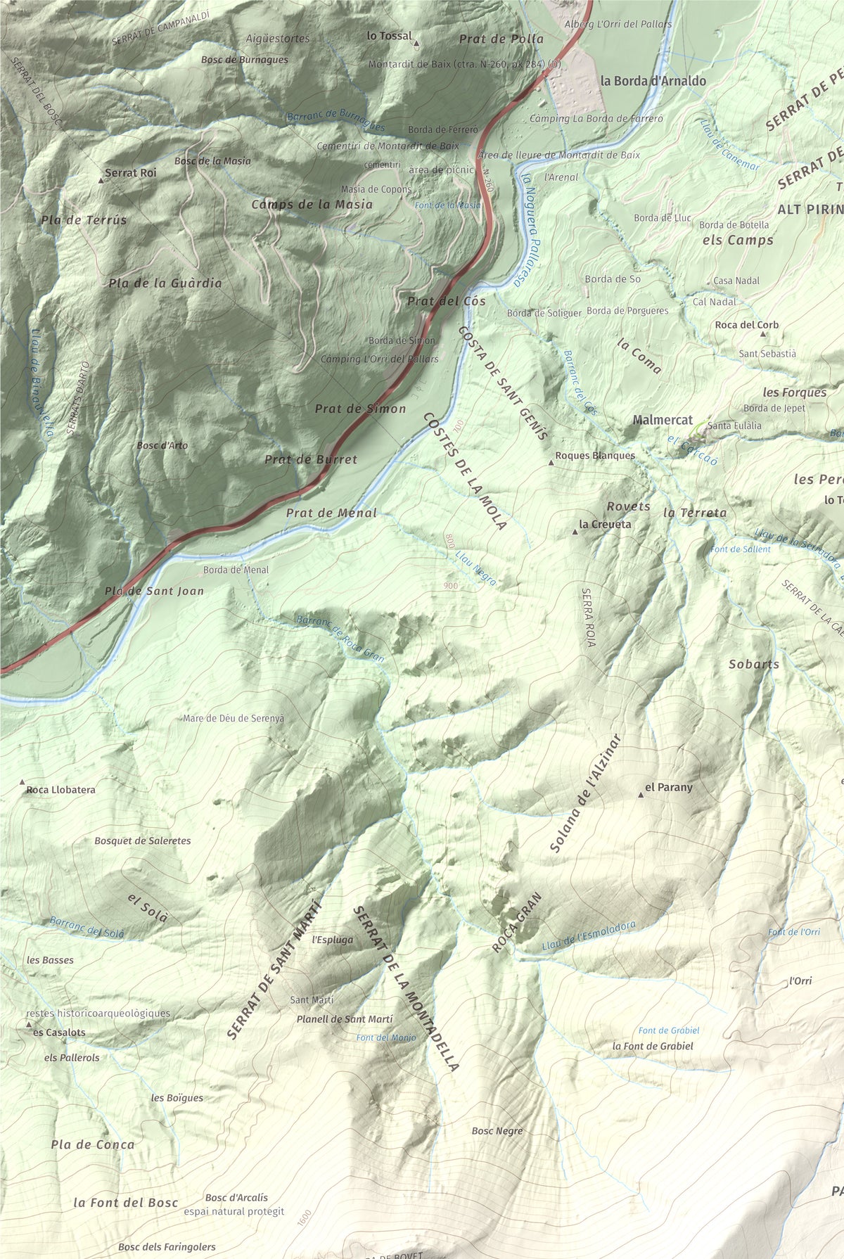 Mapa de relieve de Tossal del Puial, 1913 m, Pallars Sobirà, lámina 100 Cims de Trobart. Detalle de la zona superior izquierda. 61 × 91 cm.