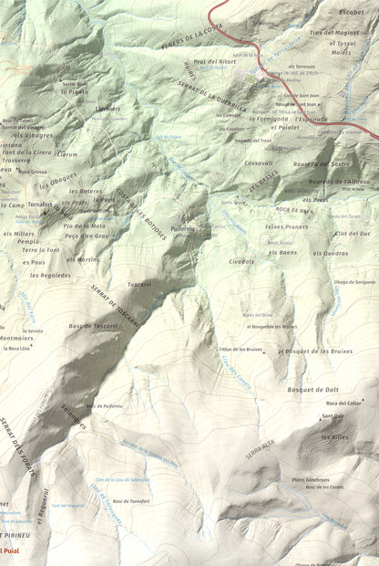 Mapa de relieve de Tossal del Puial, 1913 m, Pallars Sobirà, lámina 100 Cims de Trobart. Detalle de la zona superior derecha. 61 × 91 cm.