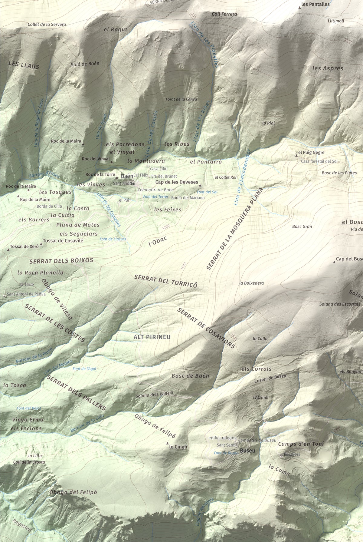 Mapa de relieve de Tossal del Puial, 1913 m, Pallars Sobirà, lámina 100 Cims de Trobart. Detalle de la zona inferior izquierda. 61 × 91 cm.