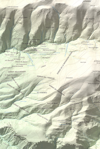Mapa de relieve de Tossal del Puial, 1913 m, Pallars Sobirà, lámina 100 Cims de Trobart. Detalle de la zona inferior izquierda. 61 × 91 cm.