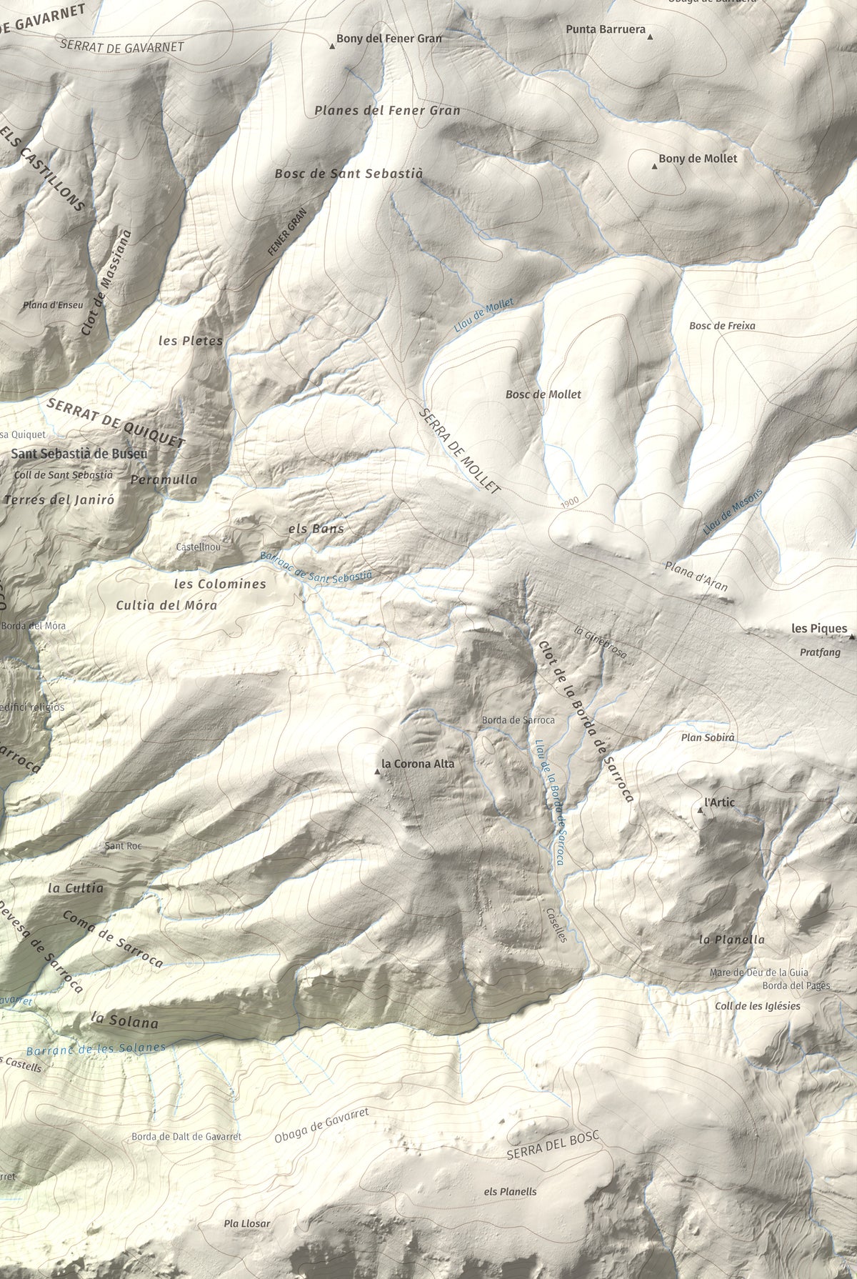 Mapa de relieve de Tossal del Puial, 1913 m, Pallars Sobirà, lámina 100 Cims de Trobart. Detalle de la zona inferior derecha. 61 × 91 cm.