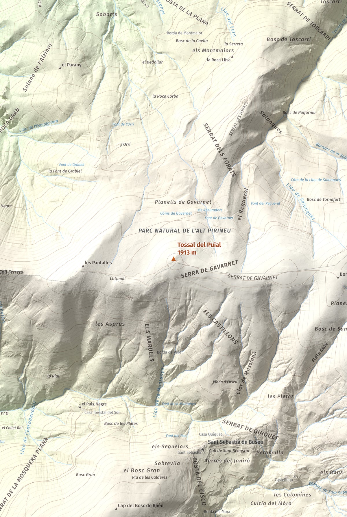 Mapa de relieve de Tossal del Puial, 1913 m, Pallars Sobirà, lámina 100 Cims de Trobart. Detalle de la zona central. 61 × 91 cm.