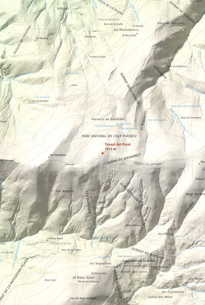 Mapa de relieve de Tossal del Puial, 1913 m, Pallars Sobirà, lámina 100 Cims de Trobart. Detalle de la zona central. 61 × 91 cm.