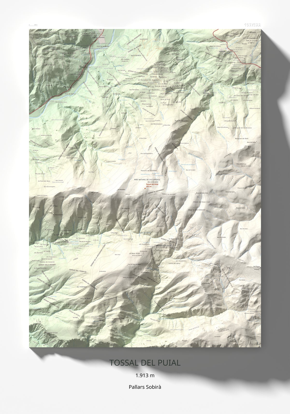 Mapa de relieve de Tossal del Puial, 1913 m, Pallars Sobirà, lámina 100 Cims de Trobart 70 × 100 cm.