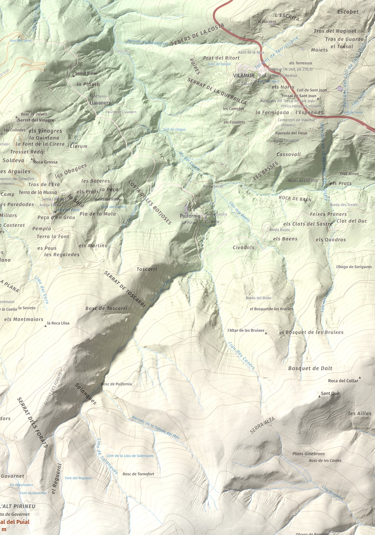 Mapa de relieve de Tossal del Puial, 1913 m, Pallars Sobirà, lámina 100 Cims de Trobart. Detalle de la zona superior derecha. 70 × 100 cm.