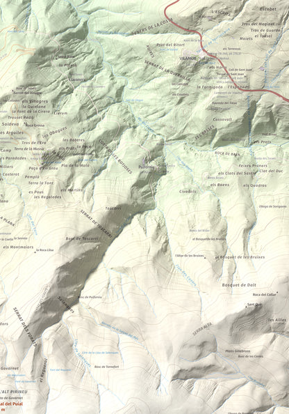 Mapa de relieve de Tossal del Puial, 1913 m, Pallars Sobirà, lámina 100 Cims de Trobart. Detalle de la zona superior derecha. 70 × 100 cm.