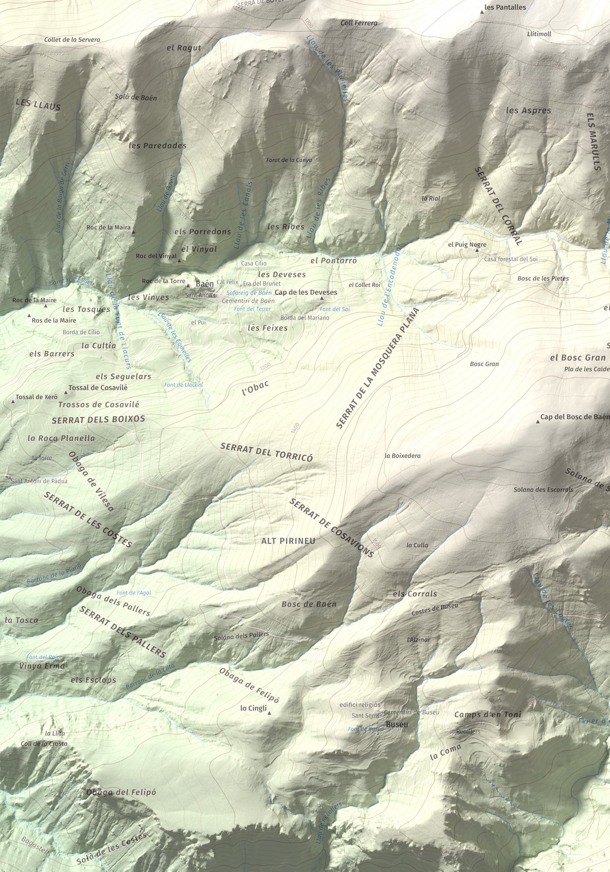 Mapa de relieve de Tossal del Puial, 1913 m, Pallars Sobirà, lámina 100 Cims de Trobart. Detalle de la zona inferior izquierda. 70 × 100 cm.