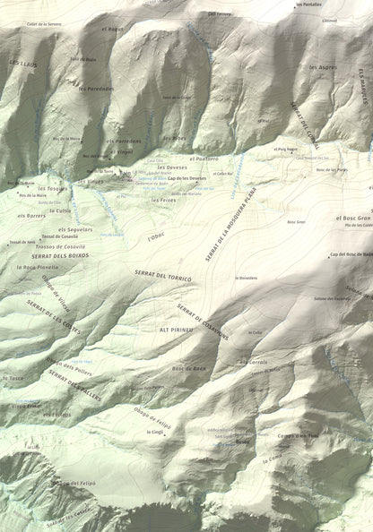 Mapa de relieve de Tossal del Puial, 1913 m, Pallars Sobirà, lámina 100 Cims de Trobart. Detalle de la zona inferior izquierda. 70 × 100 cm.