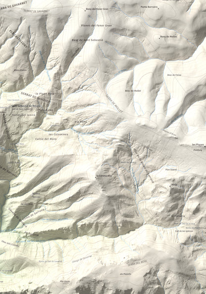 Mapa de relieve de Tossal del Puial, 1913 m, Pallars Sobirà, lámina 100 Cims de Trobart. Detalle de la zona inferior derecha. 70 × 100 cm.