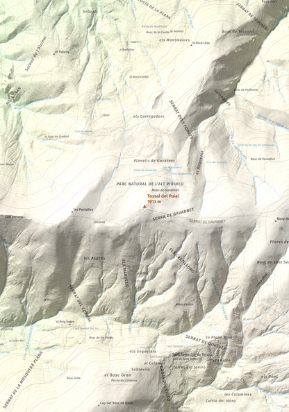 Mapa de relieve de Tossal del Puial, 1913 m, Pallars Sobirà, lámina 100 Cims de Trobart. Detalle de la zona central. 70 × 100 cm.