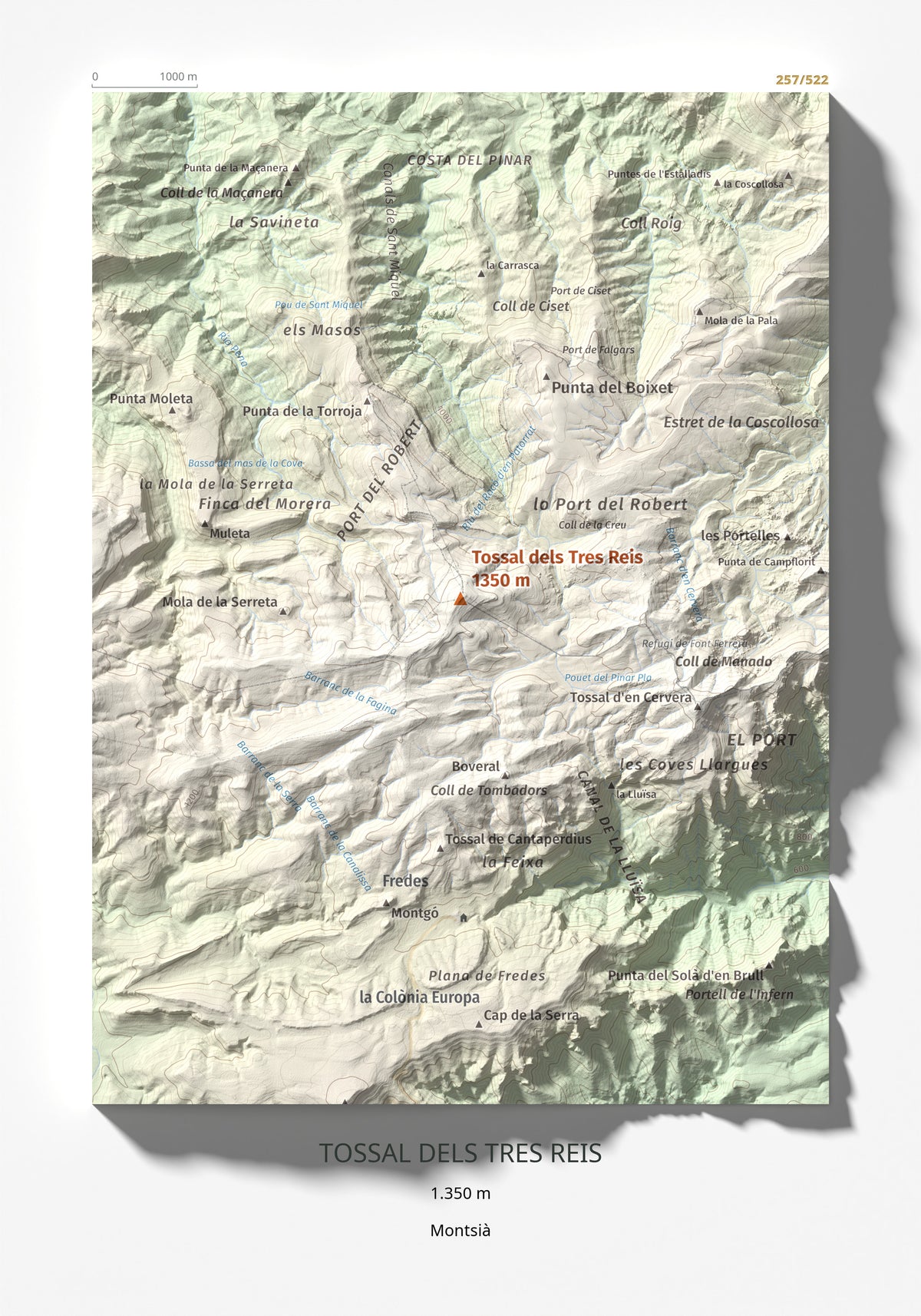 Mapa de relieve de Tossal dels Tres Reis, 1350 m, Montsià, lámina 100 Cims de Trobart 21 × 30 cm.