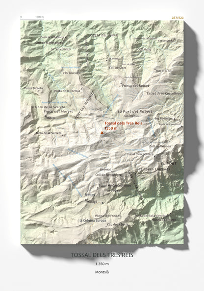 Mapa de relieve de Tossal dels Tres Reis, 1350 m, Montsià, lámina 100 Cims de Trobart 21 × 30 cm.