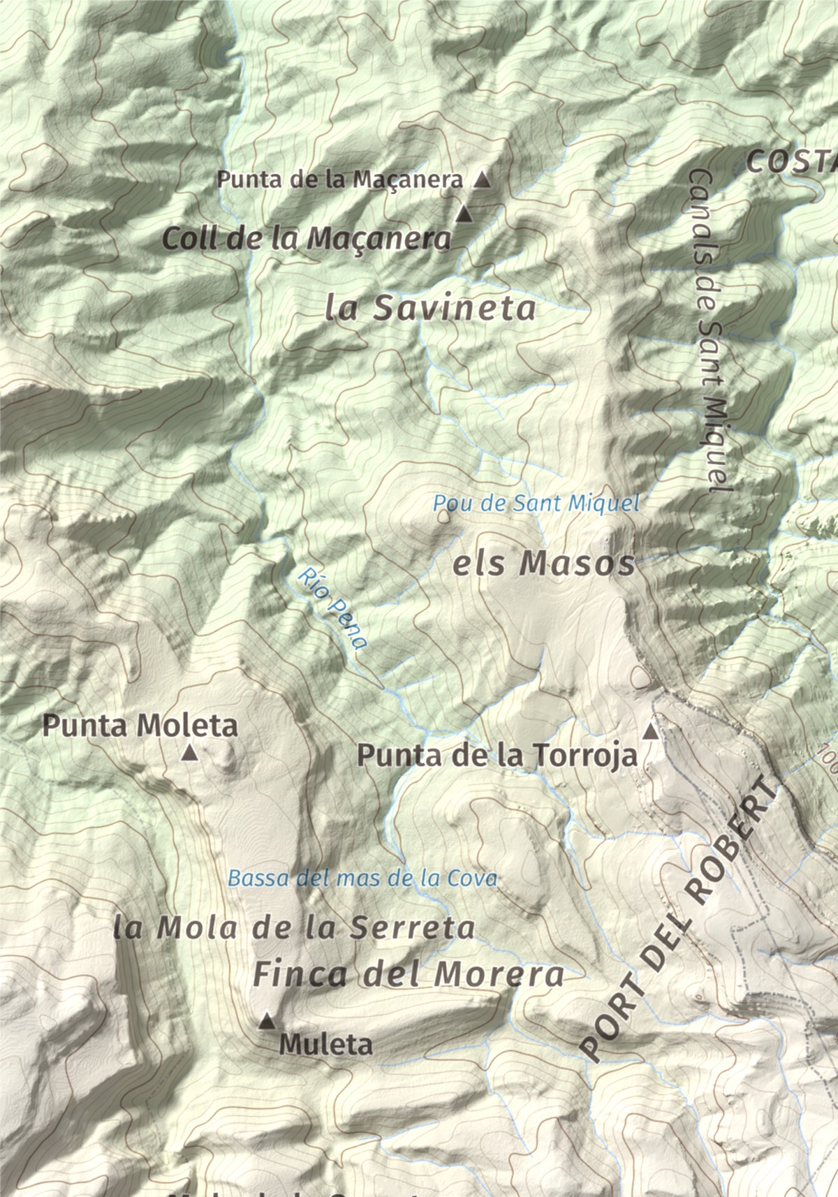 Mapa de relieve de Tossal dels Tres Reis, 1350 m, Montsià, lámina 100 Cims de Trobart. Detalle de la zona superior izquierda. 21 × 30 cm.