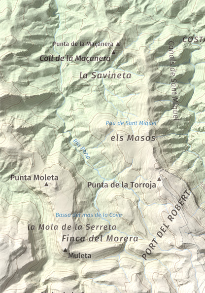 Mapa de relieve de Tossal dels Tres Reis, 1350 m, Montsià, lámina 100 Cims de Trobart. Detalle de la zona superior izquierda. 21 × 30 cm.
