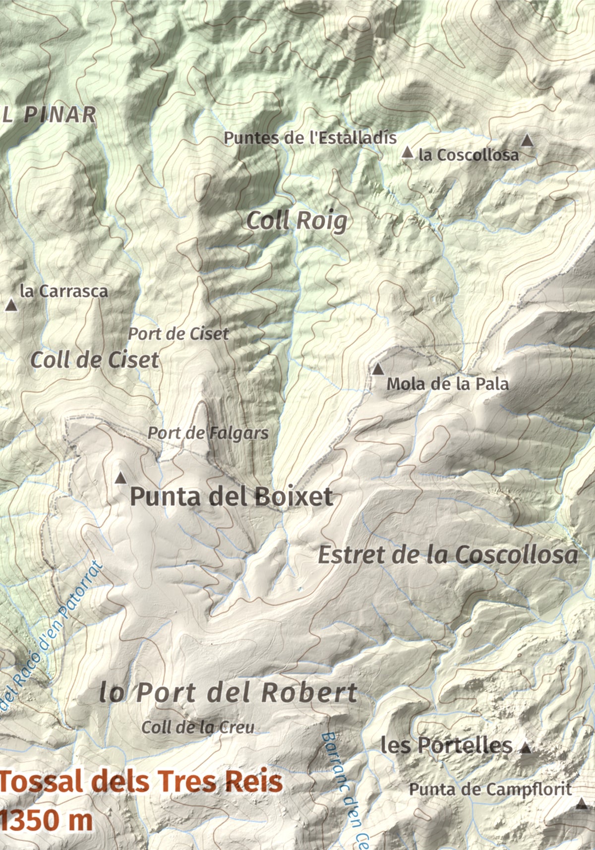 Mapa de relieve de Tossal dels Tres Reis, 1350 m, Montsià, lámina 100 Cims de Trobart. Detalle de la zona superior derecha. 21 × 30 cm.
