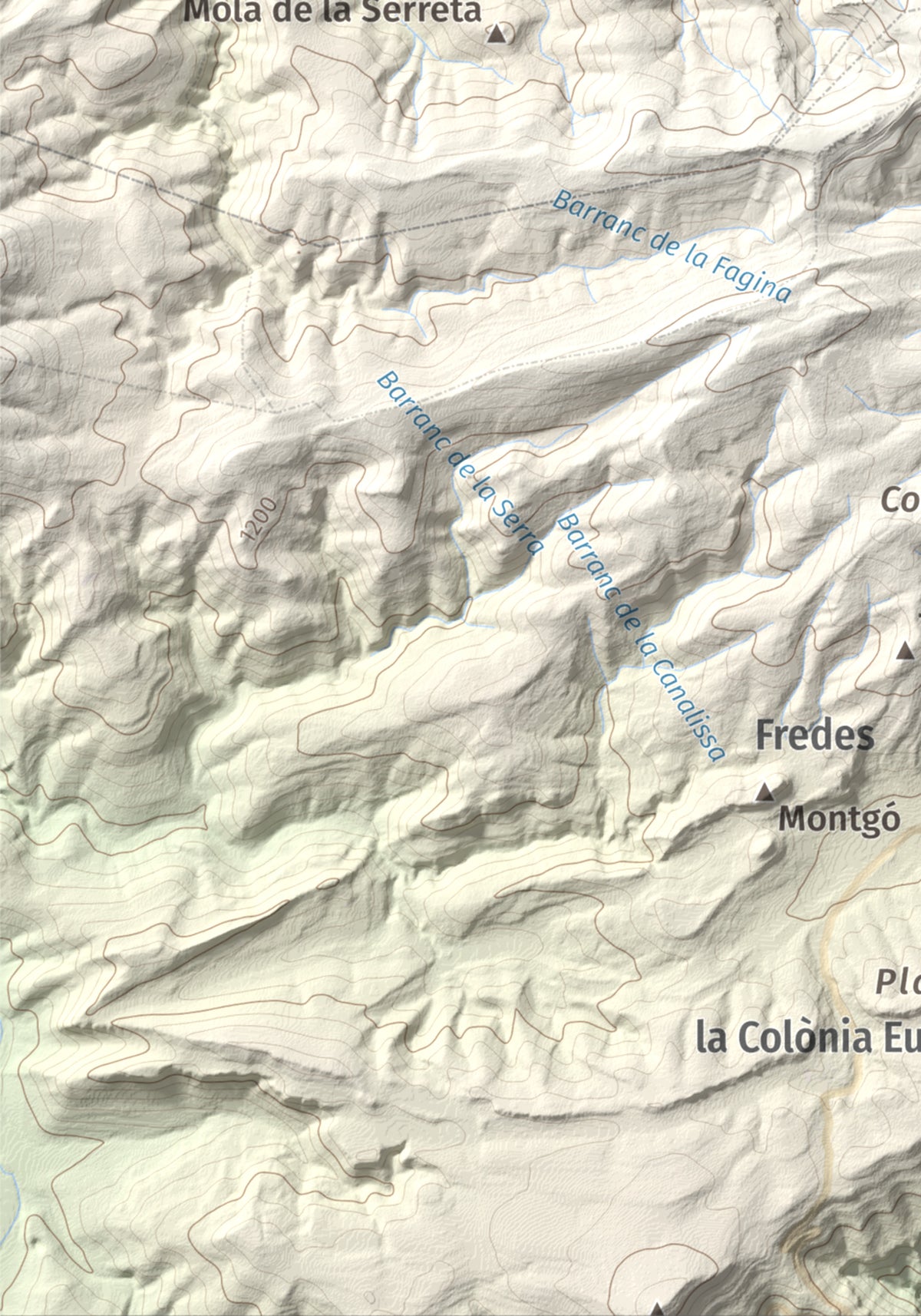 Mapa de relieve de Tossal dels Tres Reis, 1350 m, Montsià, lámina 100 Cims de Trobart. Detalle de la zona inferior izquierda. 21 × 30 cm.