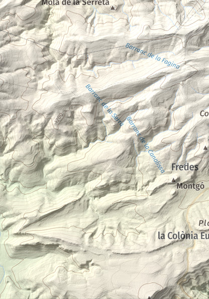 Mapa de relieve de Tossal dels Tres Reis, 1350 m, Montsià, lámina 100 Cims de Trobart. Detalle de la zona inferior izquierda. 21 × 30 cm.