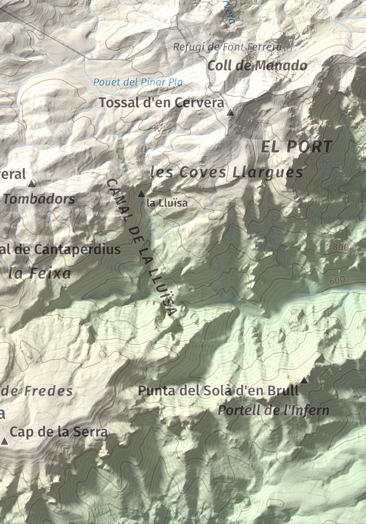 Mapa de relieve de Tossal dels Tres Reis, 1350 m, Montsià, lámina 100 Cims de Trobart. Detalle de la zona inferior derecha. 21 × 30 cm.