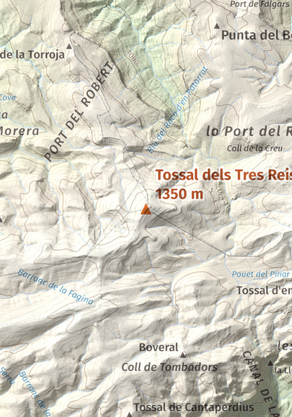 Mapa de relieve de Tossal dels Tres Reis, 1350 m, Montsià, lámina 100 Cims de Trobart. Detalle de la zona central. 21 × 30 cm.