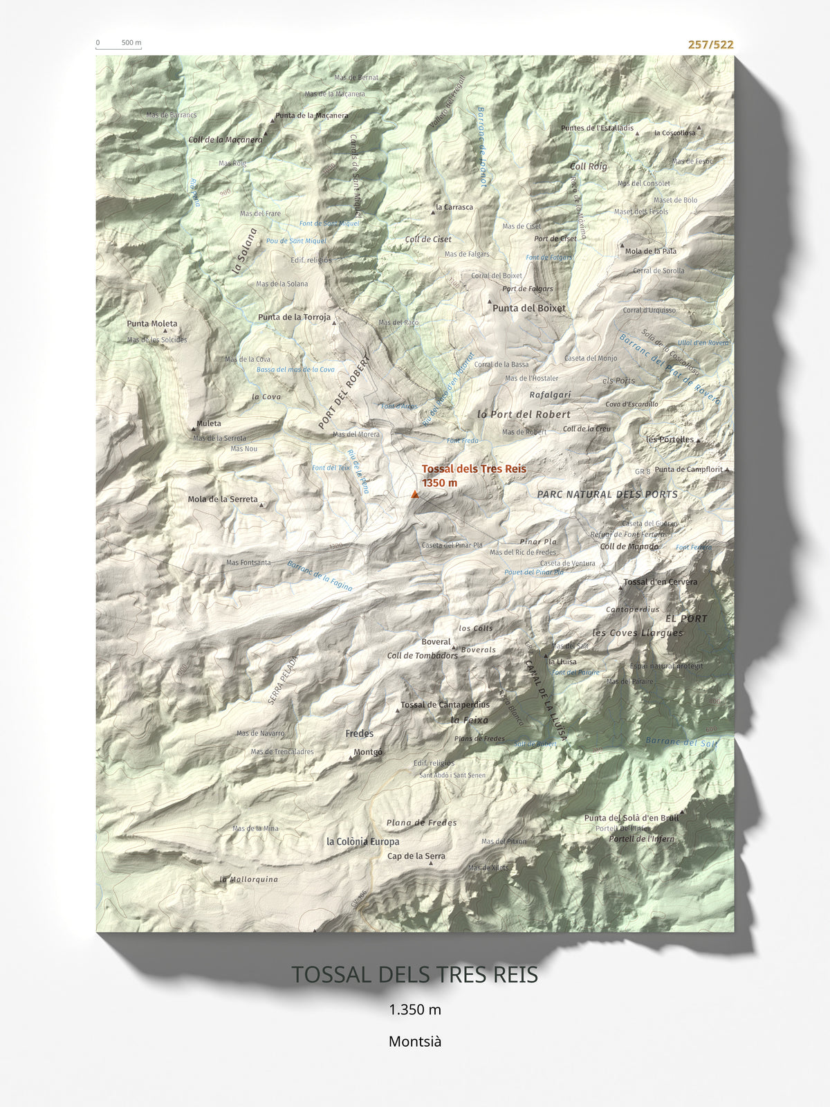 Mapa de relieve de Tossal dels Tres Reis, 1350 m, Montsià, lámina 100 Cims de Trobart 30 × 40 cm.