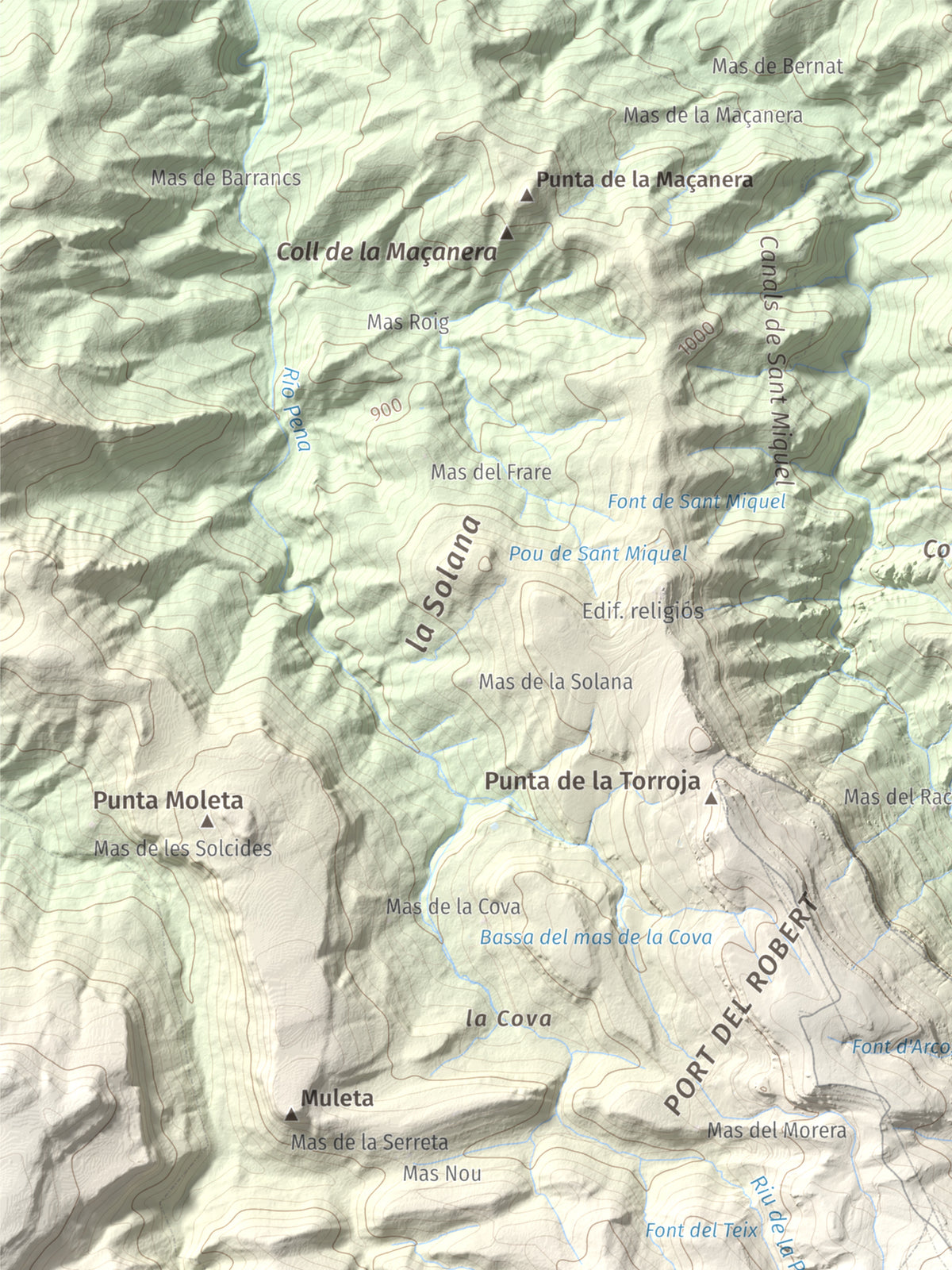 Mapa de relieve de Tossal dels Tres Reis, 1350 m, Montsià, lámina 100 Cims de Trobart. Detalle de la zona superior izquierda. 30 × 40 cm.