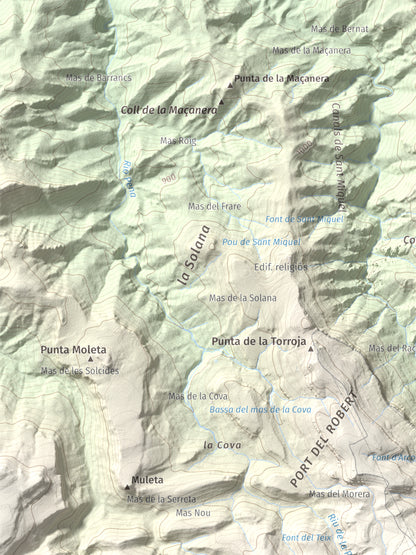 Mapa de relieve de Tossal dels Tres Reis, 1350 m, Montsià, lámina 100 Cims de Trobart. Detalle de la zona superior izquierda. 30 × 40 cm.