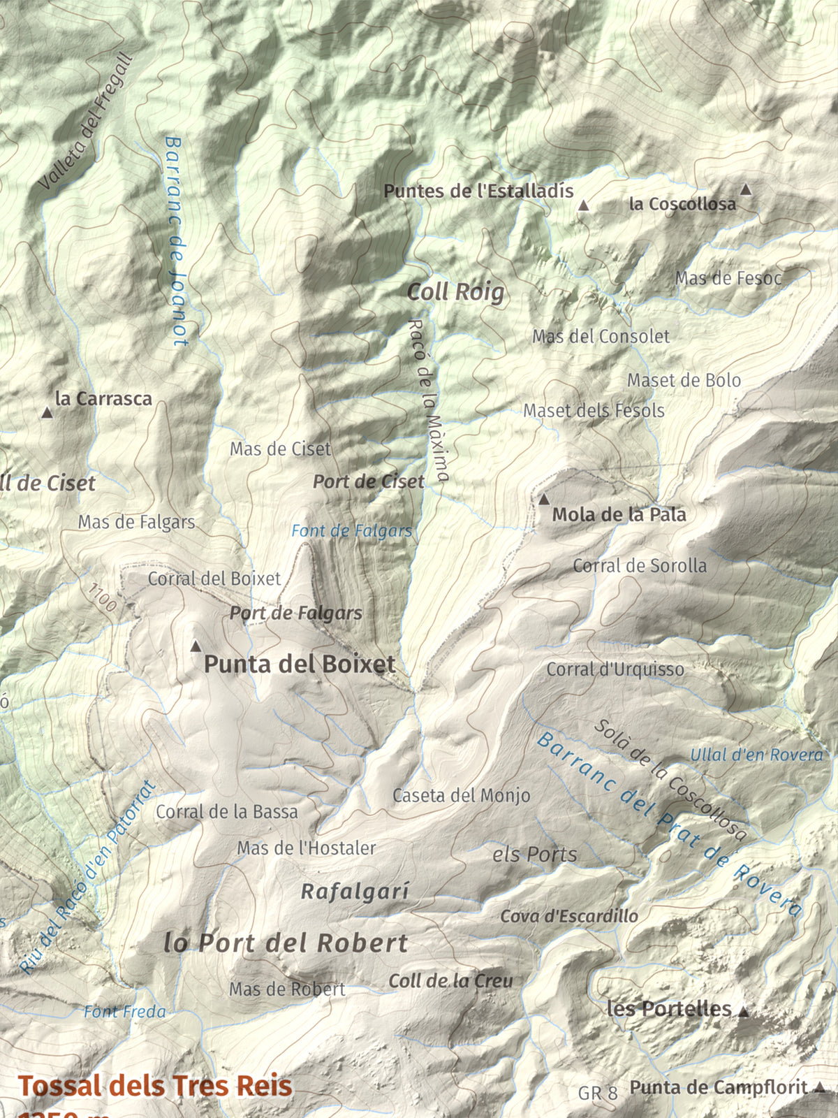 Mapa de relieve de Tossal dels Tres Reis, 1350 m, Montsià, lámina 100 Cims de Trobart. Detalle de la zona superior derecha. 30 × 40 cm.