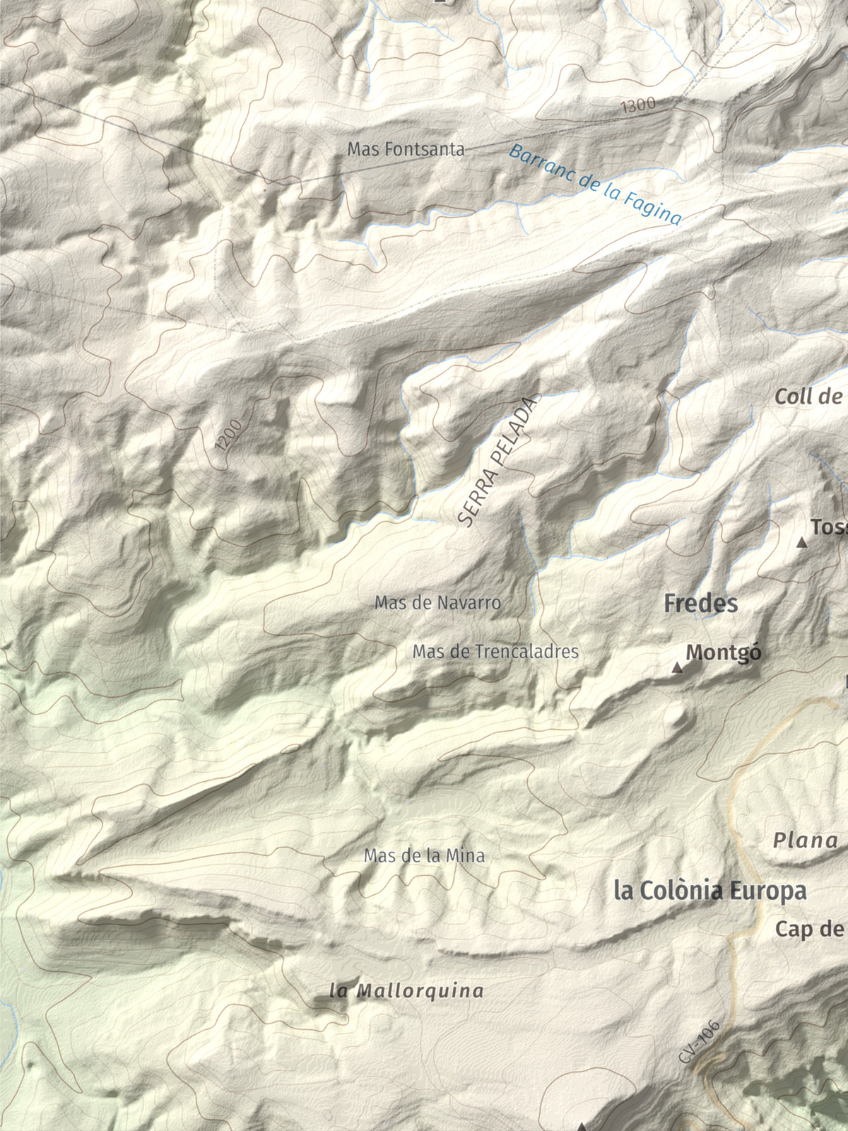 Mapa de relieve de Tossal dels Tres Reis, 1350 m, Montsià, lámina 100 Cims de Trobart. Detalle de la zona inferior izquierda. 30 × 40 cm.