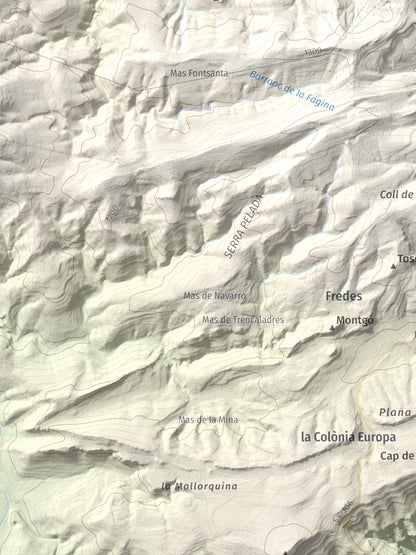 Mapa de relieve de Tossal dels Tres Reis, 1350 m, Montsià, lámina 100 Cims de Trobart. Detalle de la zona inferior izquierda. 30 × 40 cm.
