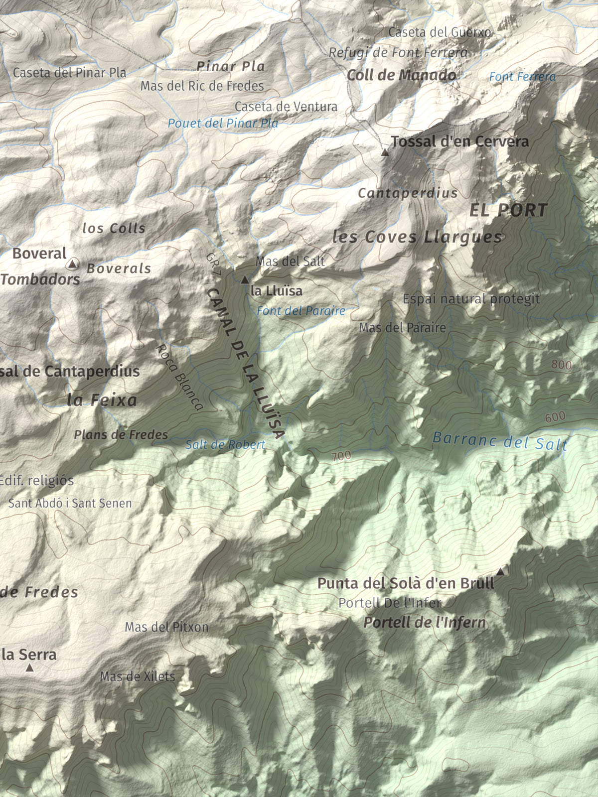 Mapa de relieve de Tossal dels Tres Reis, 1350 m, Montsià, lámina 100 Cims de Trobart. Detalle de la zona inferior derecha. 30 × 40 cm.