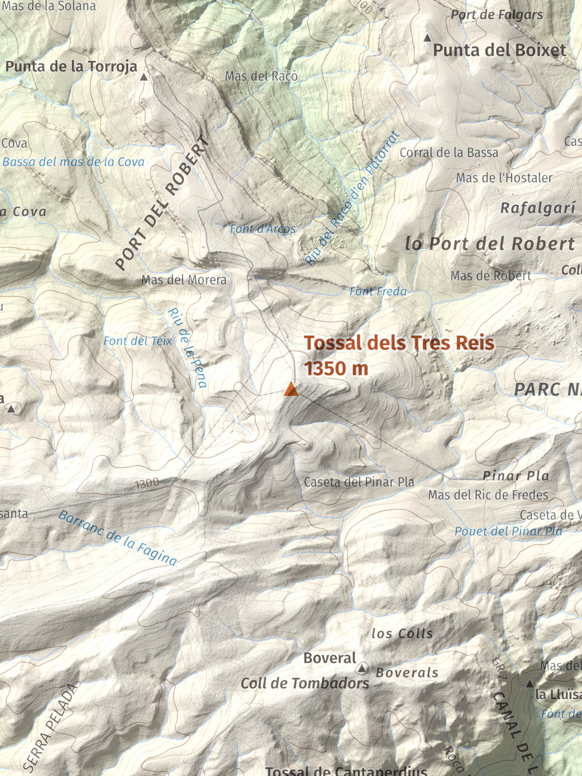 Mapa de relieve de Tossal dels Tres Reis, 1350 m, Montsià, lámina 100 Cims de Trobart. Detalle de la zona central. 30 × 40 cm.