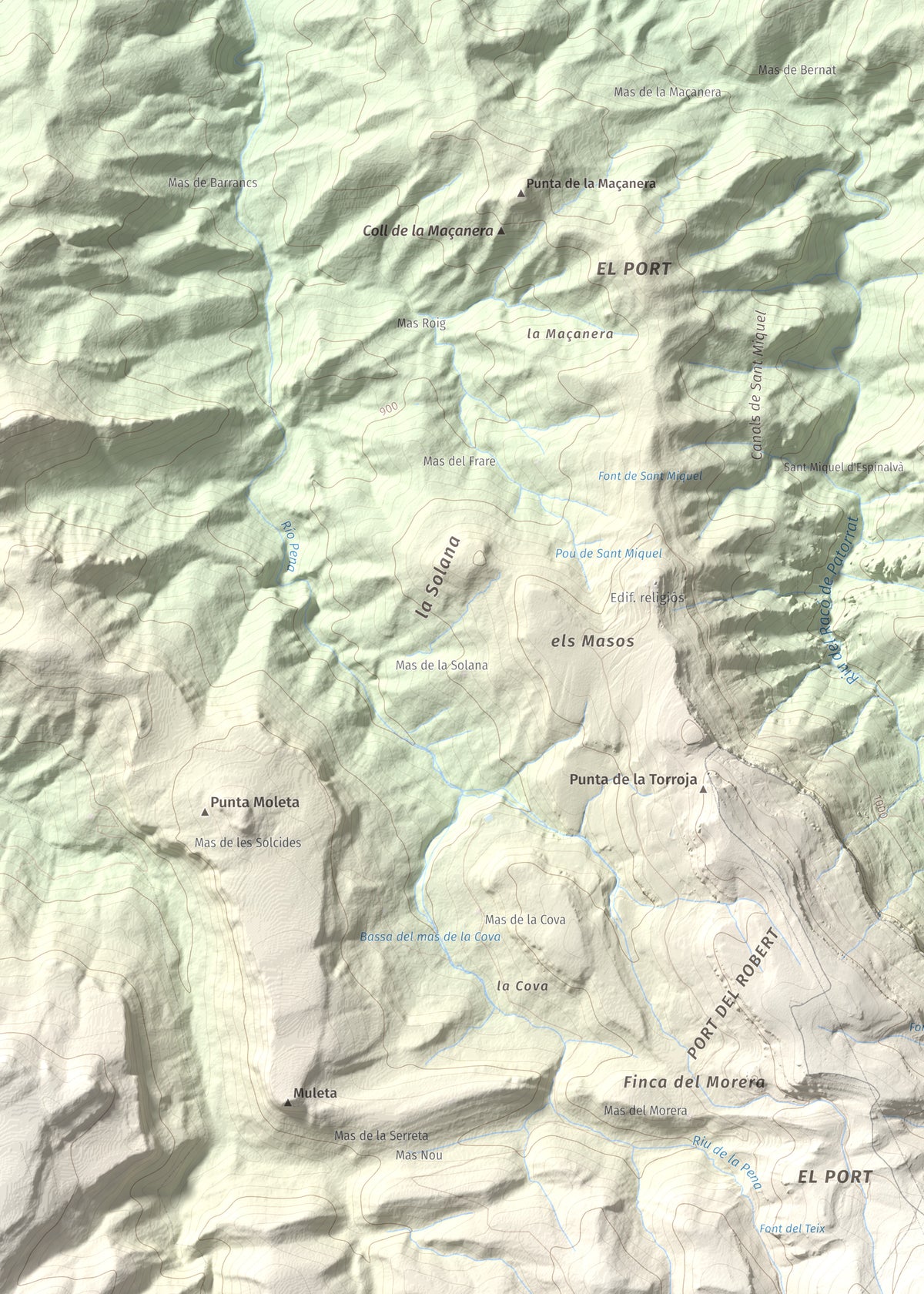Mapa de relieve de Tossal dels Tres Reis, 1350 m, Montsià, lámina 100 Cims de Trobart. Detalle de la zona superior izquierda. 50 × 70 cm.