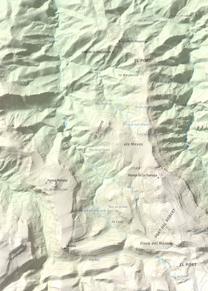 Mapa de relieve de Tossal dels Tres Reis, 1350 m, Montsià, lámina 100 Cims de Trobart. Detalle de la zona superior izquierda. 50 × 70 cm.