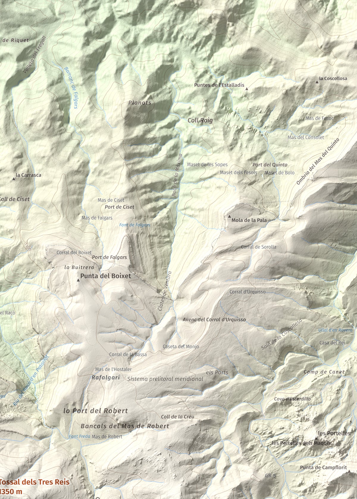 Mapa de relieve de Tossal dels Tres Reis, 1350 m, Montsià, lámina 100 Cims de Trobart. Detalle de la zona superior derecha. 50 × 70 cm.