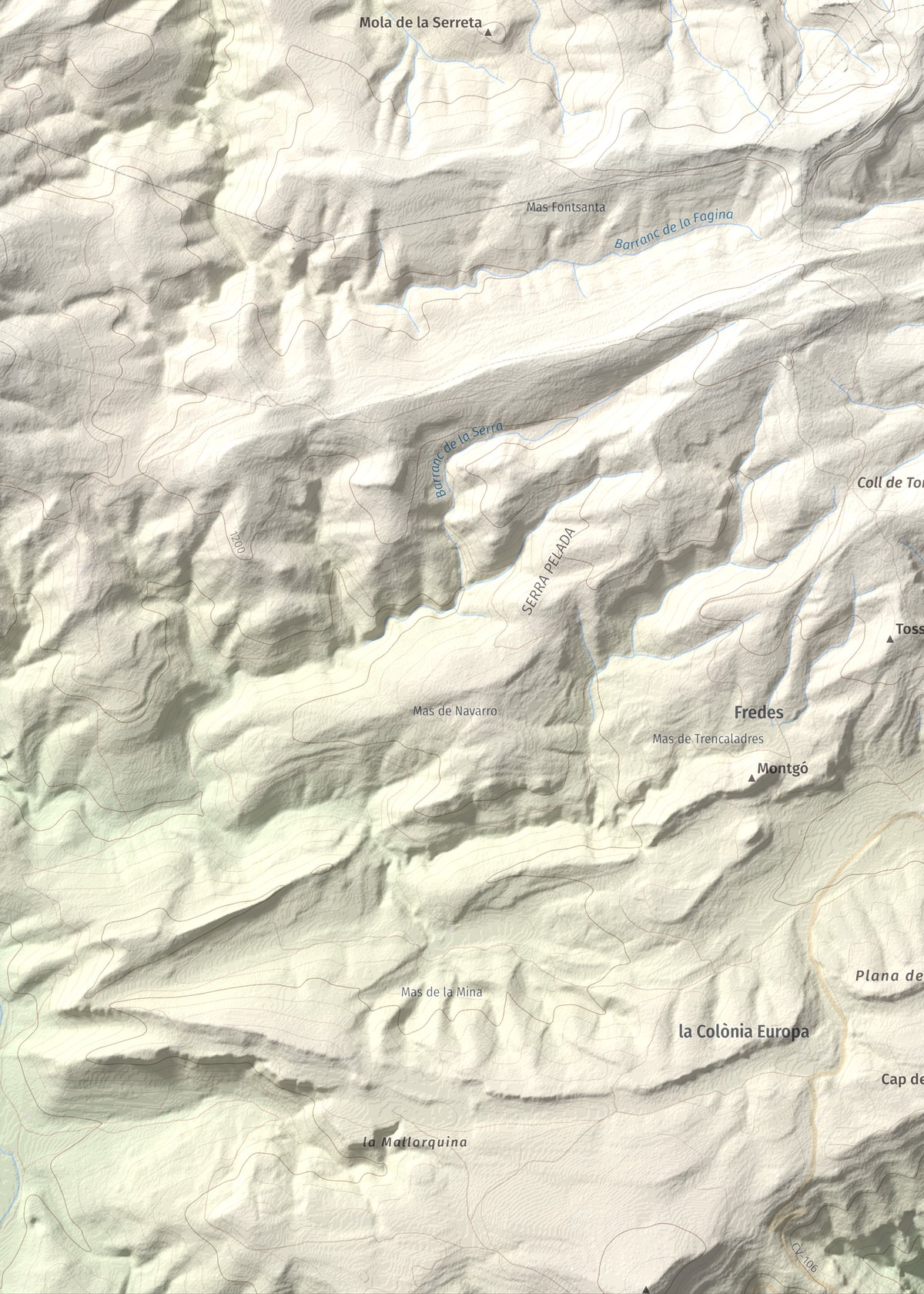 Mapa de relieve de Tossal dels Tres Reis, 1350 m, Montsià, lámina 100 Cims de Trobart. Detalle de la zona inferior izquierda. 50 × 70 cm.