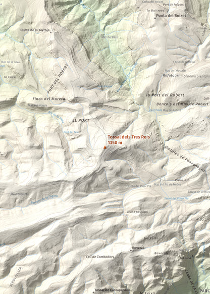 Mapa de relieve de Tossal dels Tres Reis, 1350 m, Montsià, lámina 100 Cims de Trobart. Detalle de la zona central. 50 × 70 cm.