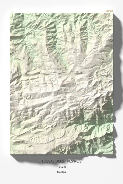 Mapa de relieve de Tossal dels Tres Reis, 1350 m, Montsià, lámina 100 Cims de Trobart 61 × 91 cm.