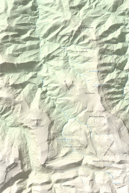 Mapa de relieve de Tossal dels Tres Reis, 1350 m, Montsià, lámina 100 Cims de Trobart. Detalle de la zona superior izquierda. 61 × 91 cm.