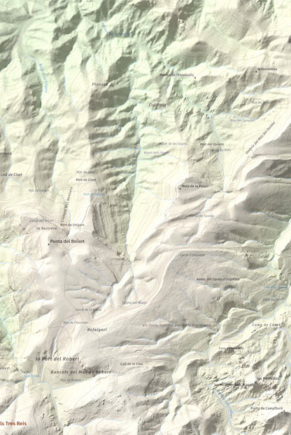 Mapa de relieve de Tossal dels Tres Reis, 1350 m, Montsià, lámina 100 Cims de Trobart. Detalle de la zona superior derecha. 61 × 91 cm.