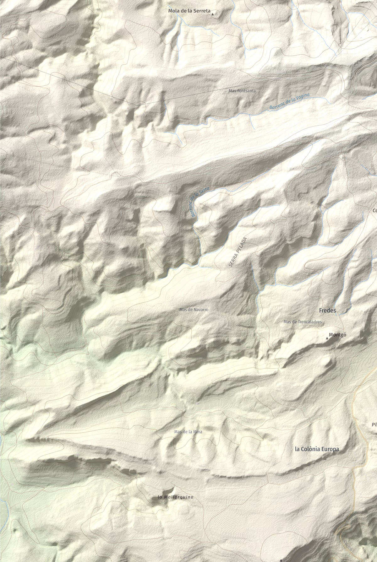 Mapa de relieve de Tossal dels Tres Reis, 1350 m, Montsià, lámina 100 Cims de Trobart. Detalle de la zona inferior izquierda. 61 × 91 cm.