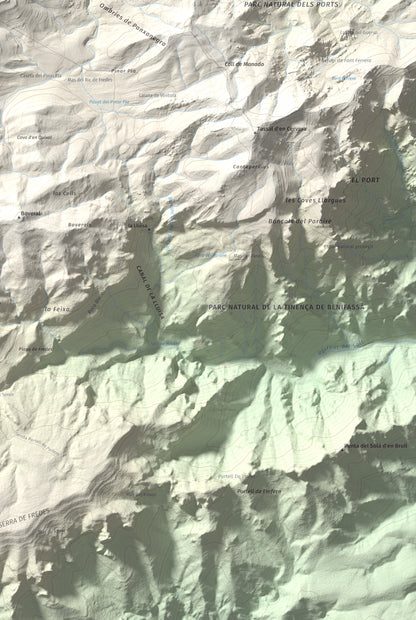 Mapa de relieve de Tossal dels Tres Reis, 1350 m, Montsià, lámina 100 Cims de Trobart. Detalle de la zona inferior derecha. 61 × 91 cm.