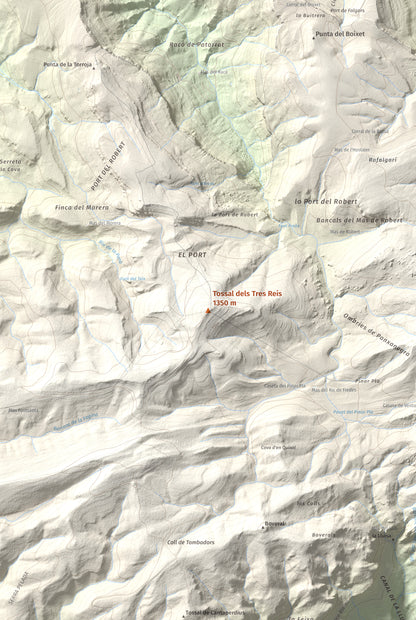 Mapa de relieve de Tossal dels Tres Reis, 1350 m, Montsià, lámina 100 Cims de Trobart. Detalle de la zona central. 61 × 91 cm.