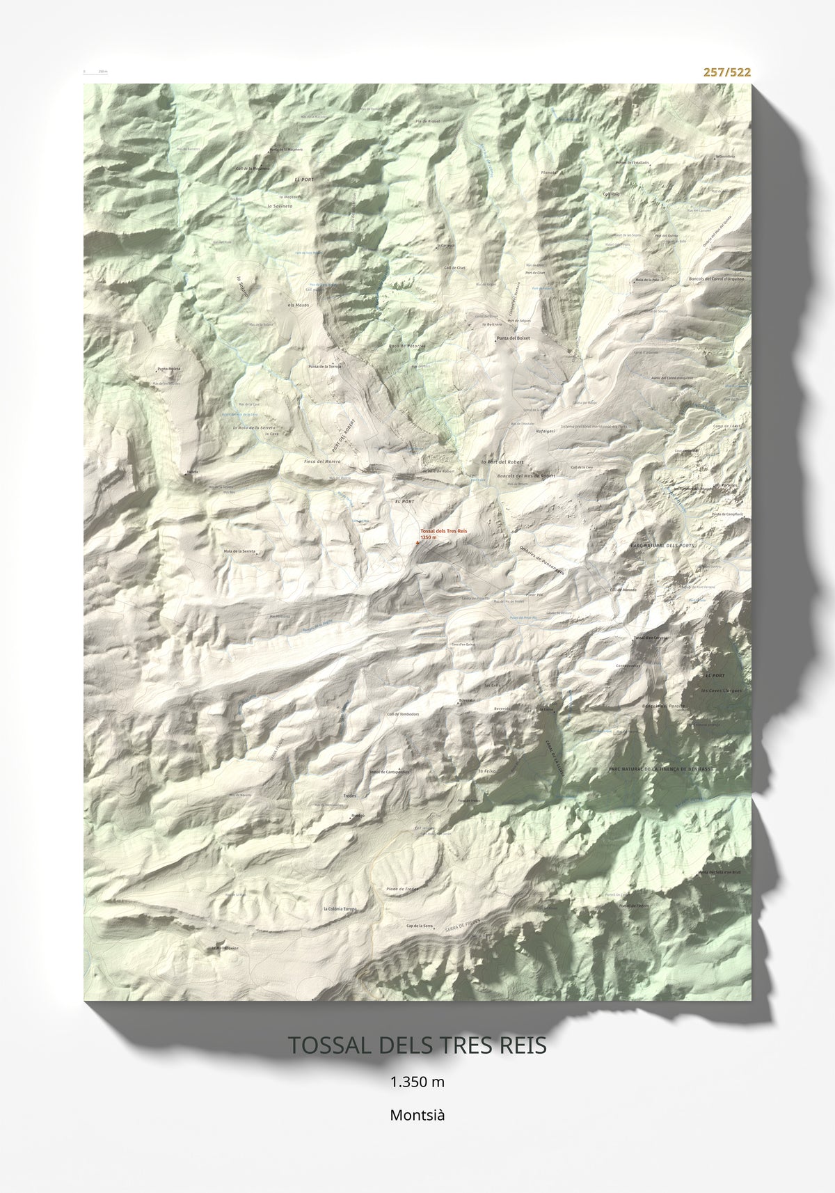 Mapa de relieve de Tossal dels Tres Reis, 1350 m, Montsià, lámina 100 Cims de Trobart 70 × 100 cm.