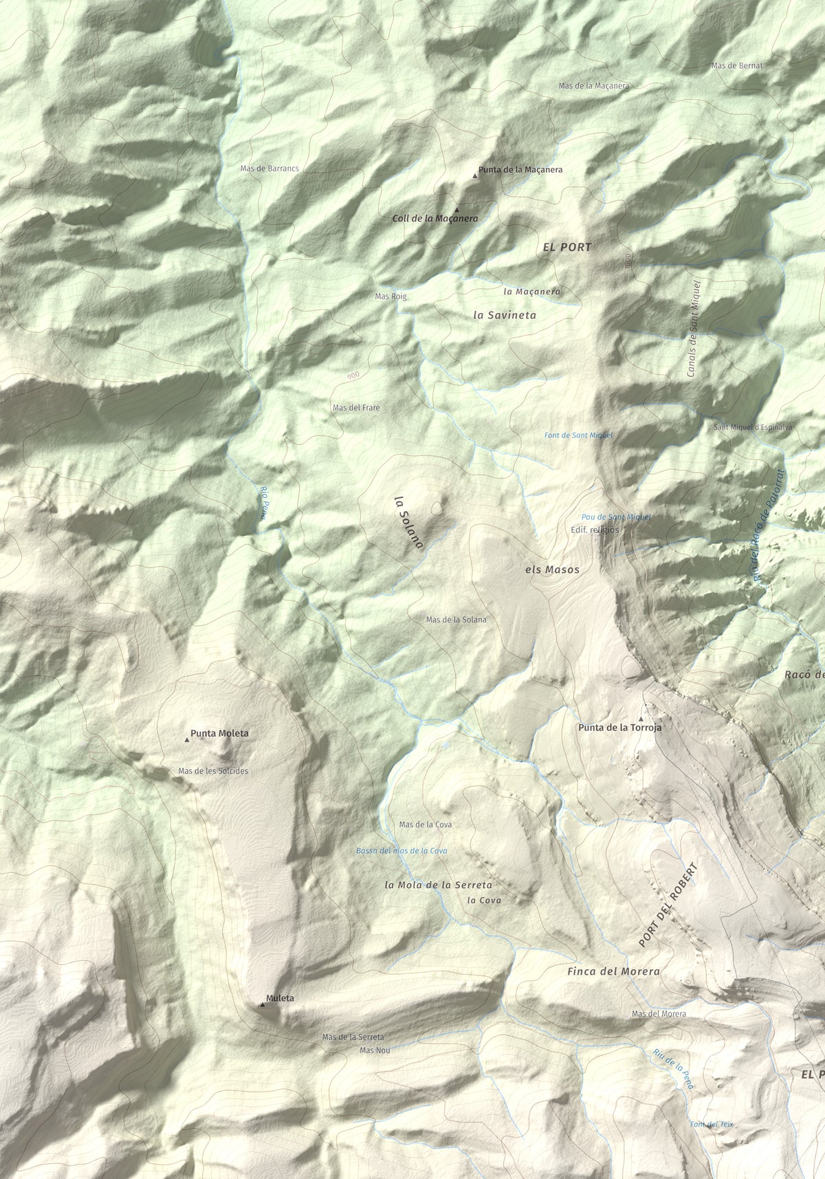 Mapa de relieve de Tossal dels Tres Reis, 1350 m, Montsià, lámina 100 Cims de Trobart. Detalle de la zona superior izquierda. 70 × 100 cm.