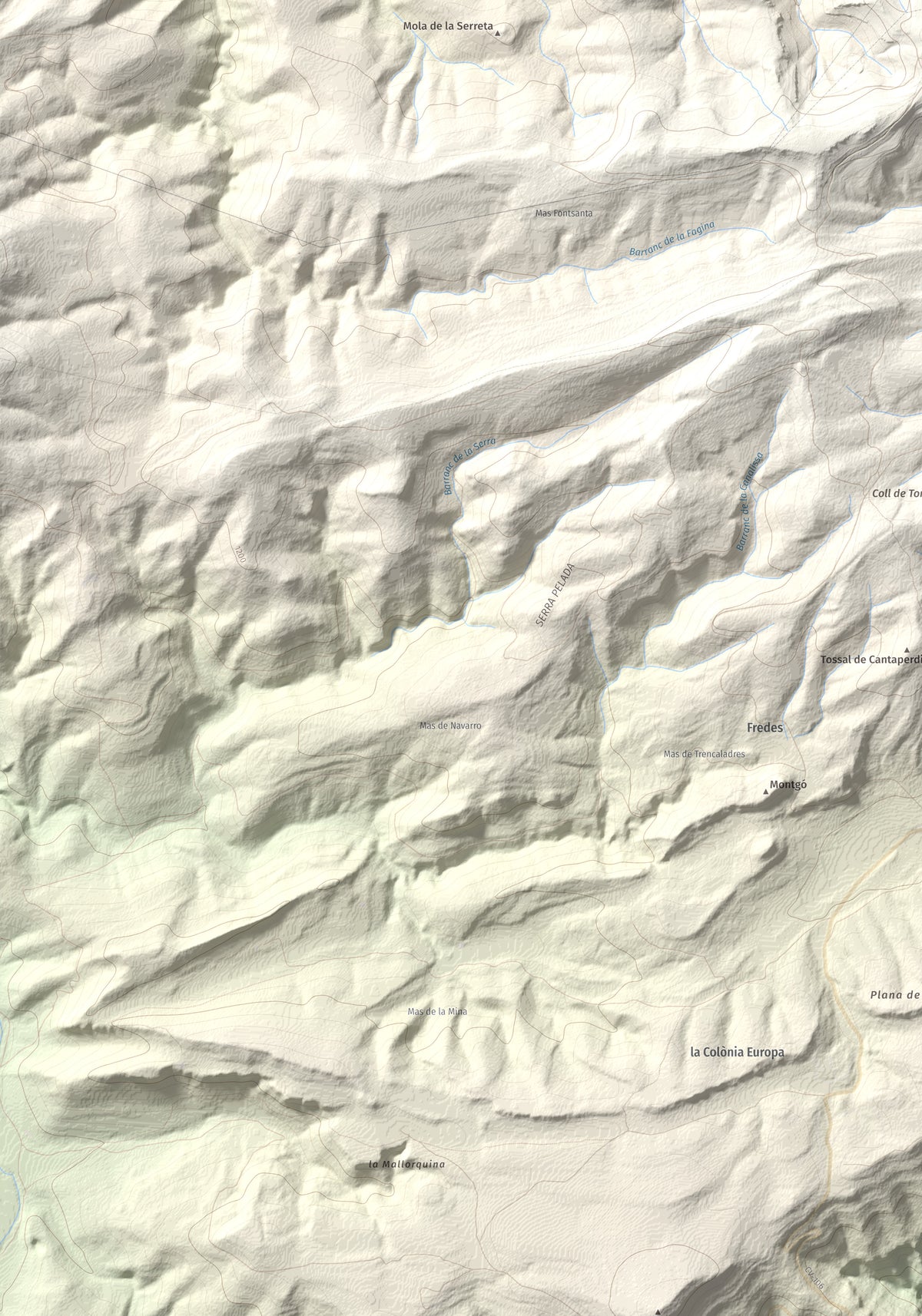 Mapa de relieve de Tossal dels Tres Reis, 1350 m, Montsià, lámina 100 Cims de Trobart. Detalle de la zona inferior izquierda. 70 × 100 cm.