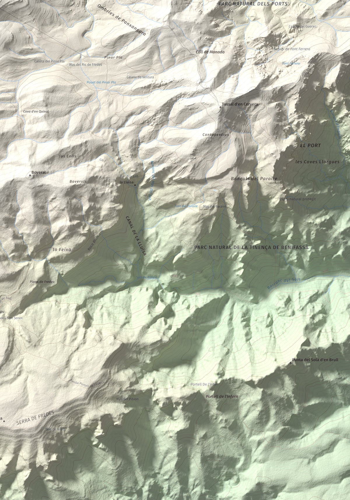 Mapa de relieve de Tossal dels Tres Reis, 1350 m, Montsià, lámina 100 Cims de Trobart. Detalle de la zona inferior derecha. 70 × 100 cm.