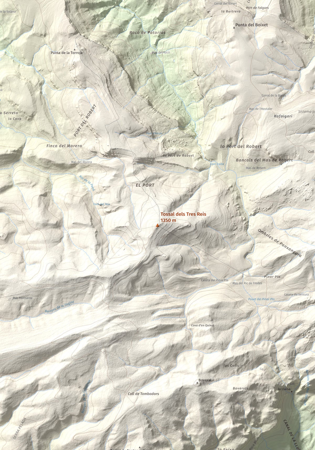 Mapa de relieve de Tossal dels Tres Reis, 1350 m, Montsià, lámina 100 Cims de Trobart. Detalle de la zona central. 70 × 100 cm.