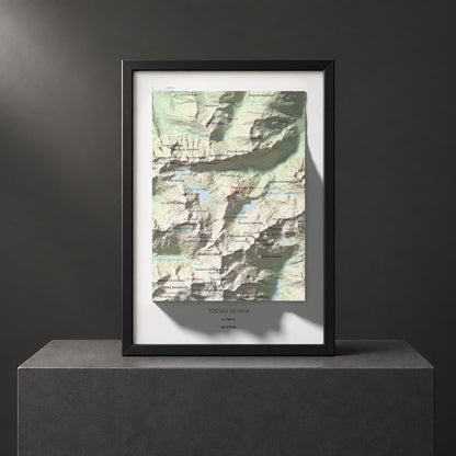 Mapa de relieve de Tossau de Mar, 2750 m, Val d'Aran, lámina 100 Cims de Trobart. Presentación enmarcada. 21 × 30 cm.