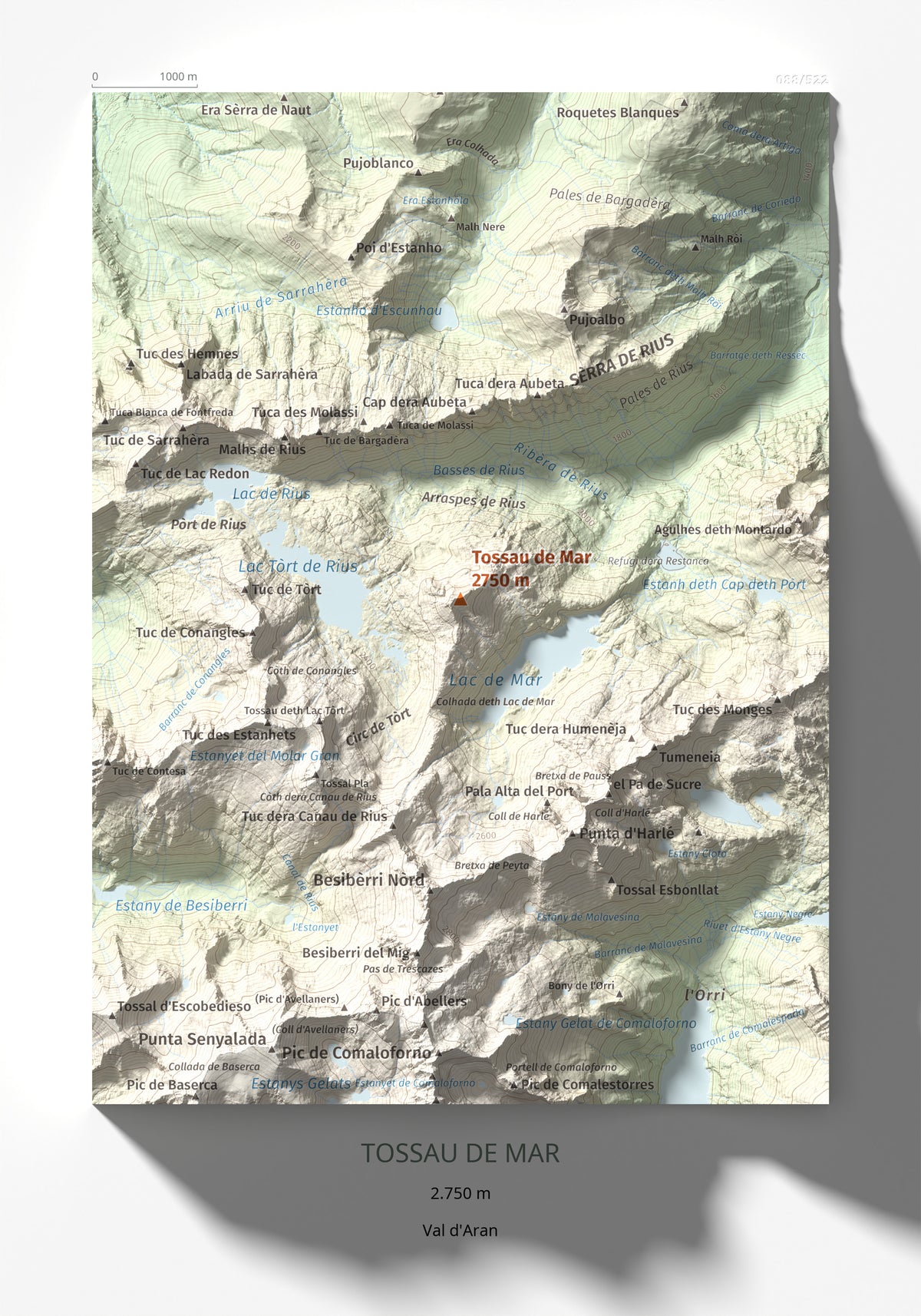 Mapa de relieve de Tossau de Mar, 2750 m, Val d'Aran, lámina 100 Cims de Trobart 21 × 30 cm.